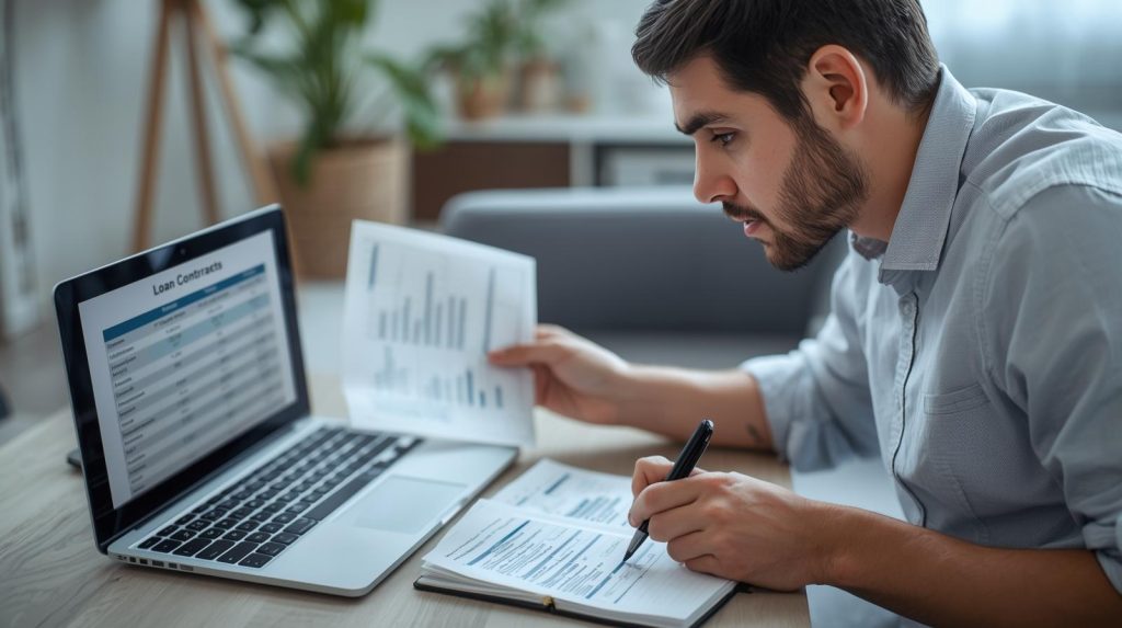 Pessoa comparando taxas de empréstimo pessoal no notebook e analisando contratos para evitar armadilhas.
