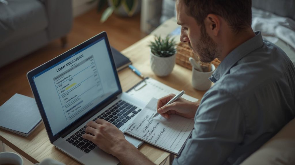 Pessoa analisando contrato de empréstimo no notebook e calculando juros para identificar taxas abusivas.