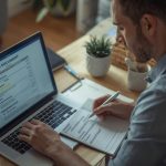 Pessoa analisando contrato de empréstimo no notebook e calculando juros para identificar taxas abusivas.