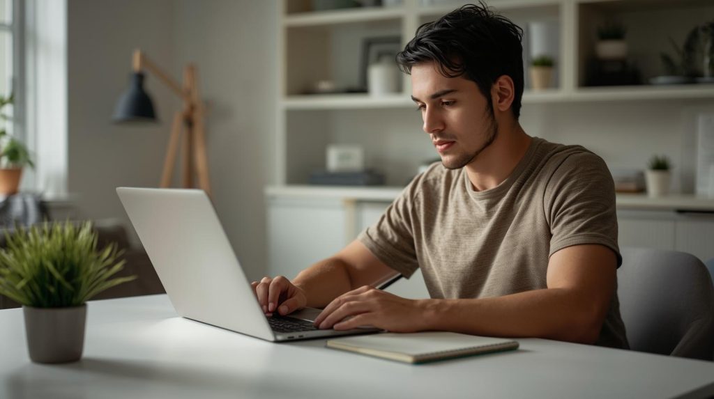 Pessoa controlando gastos diários no notebook enquanto mantém um ambiente confortável e organizado em casa.
