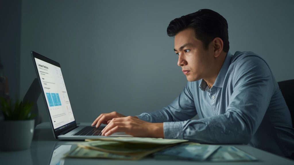 Pessoa renegociando dívidas pelo notebook e organizando contas para regularizar o nome.