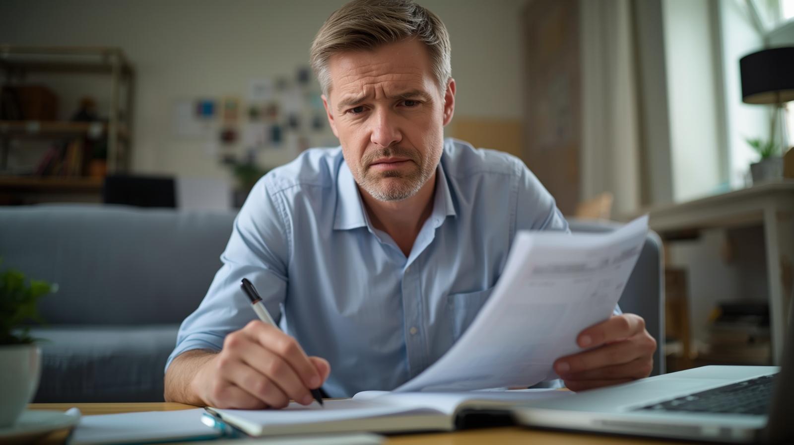 Pessoa analisando gastos do cartão de crédito no notebook e organizando faturas para evitar endividamento.