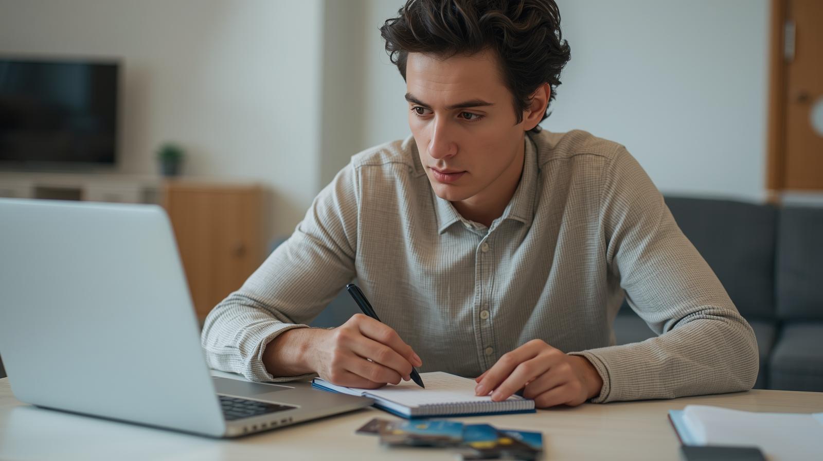 Pessoa comparando opções de cartões de crédito sem anuidade no notebook com cartões genéricos sobre a mesa.