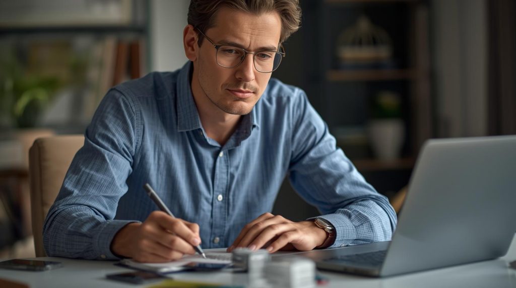 Pessoa comparando vantagens e limitações de cartões com cashback no notebook e anotando observações em um caderno.