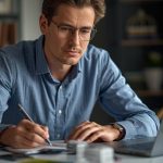Pessoa comparando vantagens e limitações de cartões com cashback no notebook e anotando observações em um caderno.
