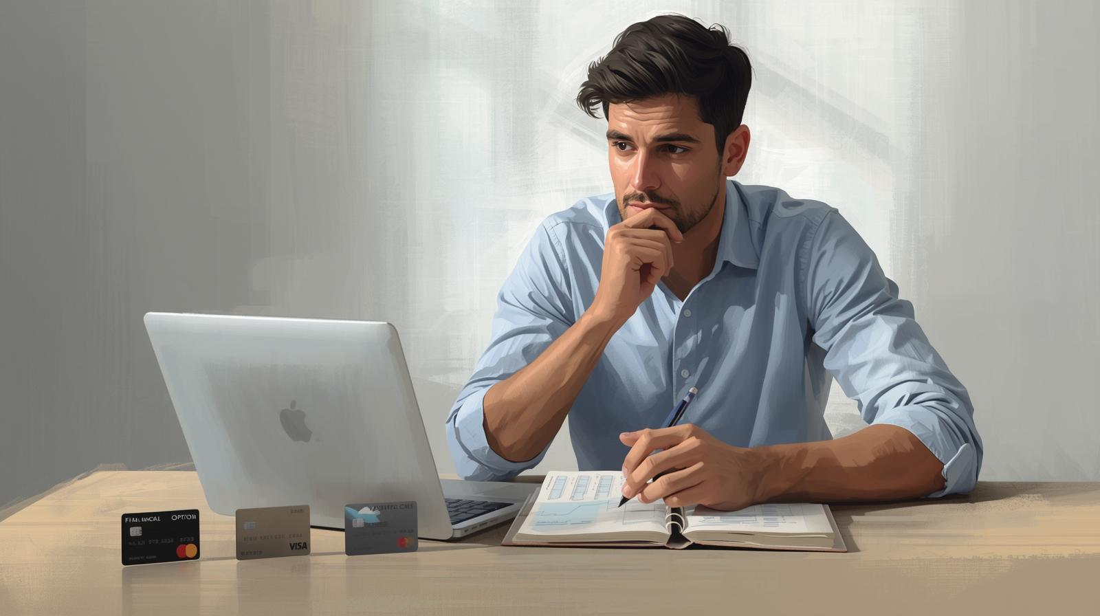 Pessoa avaliando diferentes opções de serviços financeiros no notebook com três cartões genéricos sobre a mesa, comparando benefícios e controle.