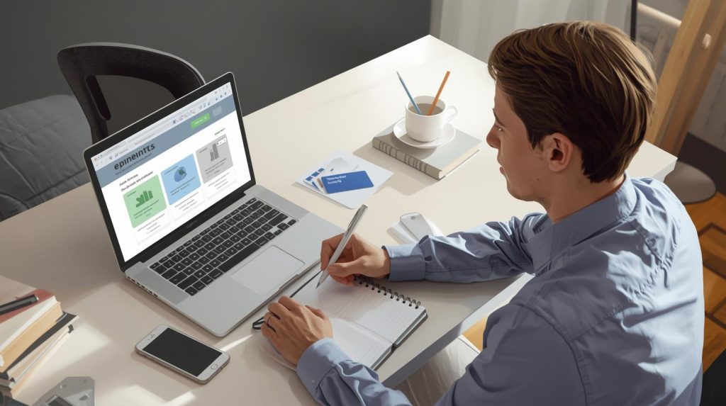 Pessoa comparando opções de contas digitais no notebook e anotando critérios em um caderno para escolher a melhor para seu perfil.