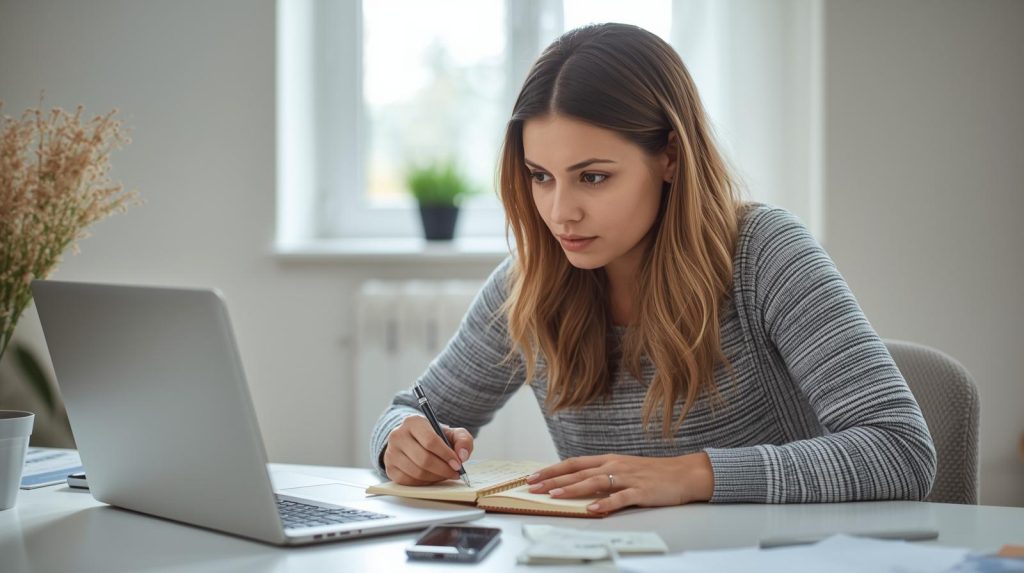 Pessoa analisando opções de contas digitais para MEI no notebook e anotando critérios importantes em um caderno.