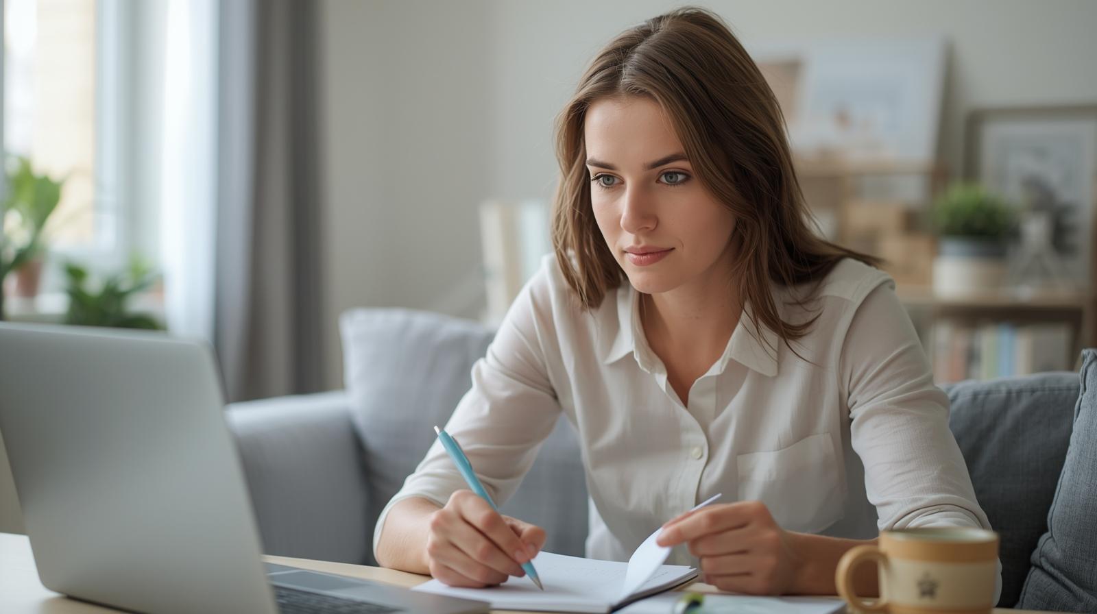 Pessoa acompanhando a evolução do score de crédito no notebook e anotando hábitos financeiros para melhorar o histórico.