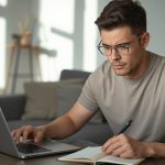 Pessoa analisando o score de crédito no notebook e anotando o que funciona e o que evitar para melhorar a pontuação.