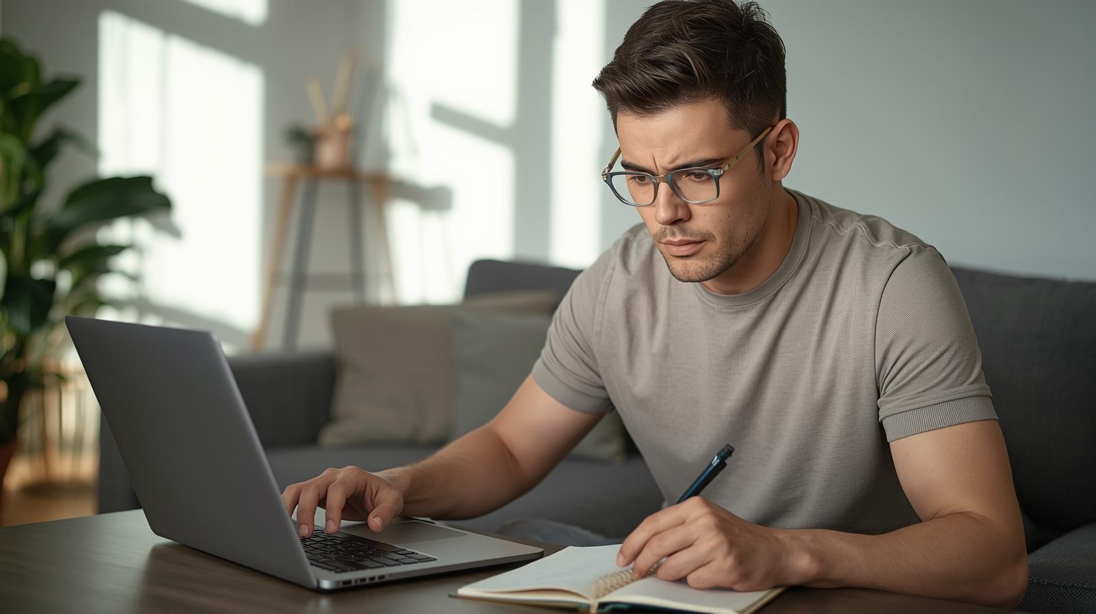 Pessoa analisando o score de crédito no notebook e anotando o que funciona e o que evitar para melhorar a pontuação.