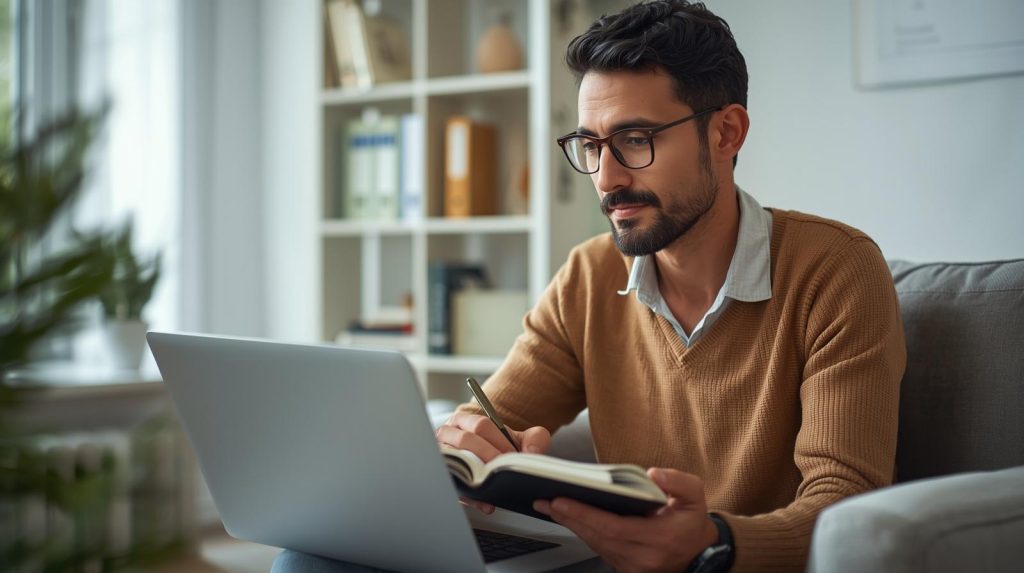 Pessoa analisando o score de crédito no notebook e refletindo sobre como ele impacta decisões financeiras do dia a dia.