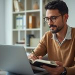 Pessoa analisando o score de crédito no notebook e refletindo sobre como ele impacta decisões financeiras do dia a dia.