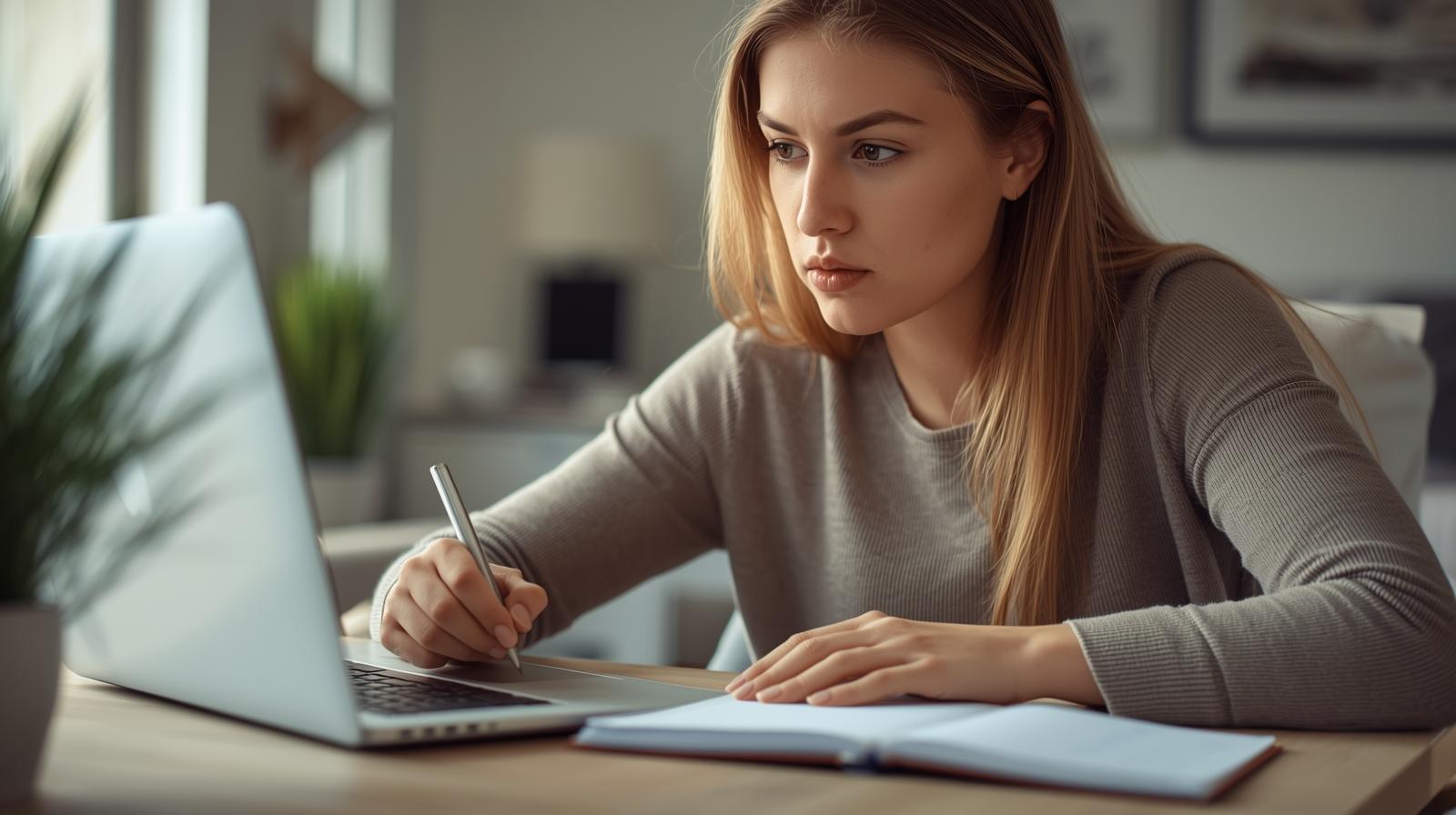 Pessoa montando um orçamento pessoal no notebook e anotando despesas e metas financeiras em um caderno.