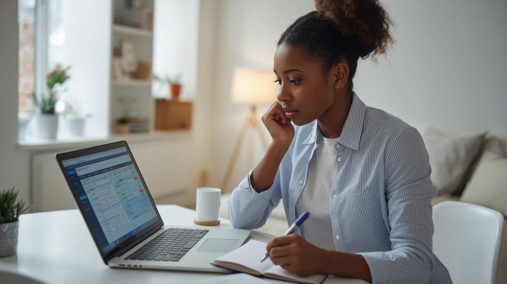 Pessoa organizando finanças pessoais no notebook, controlando gastos e prioridades mesmo com renda limitada.