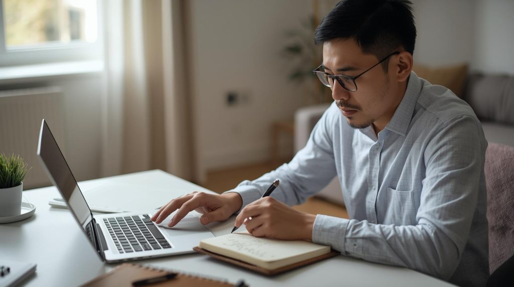 Pessoa acompanhando a reserva de emergência no notebook e anotando valores de poupança em um caderno.