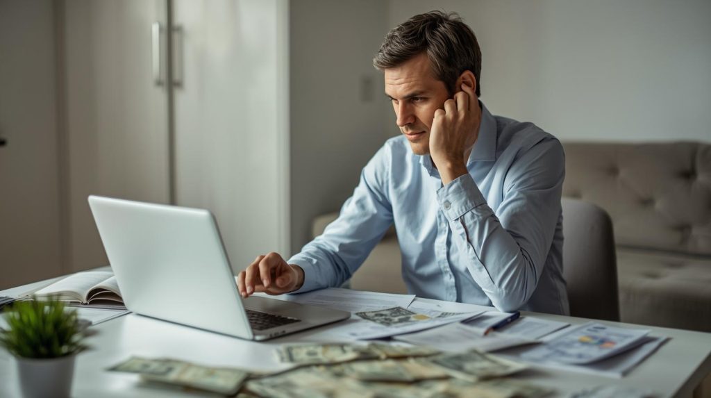 Pessoa reorganizando contas e despesas no notebook, corrigindo erros comuns na organização financeira diária.