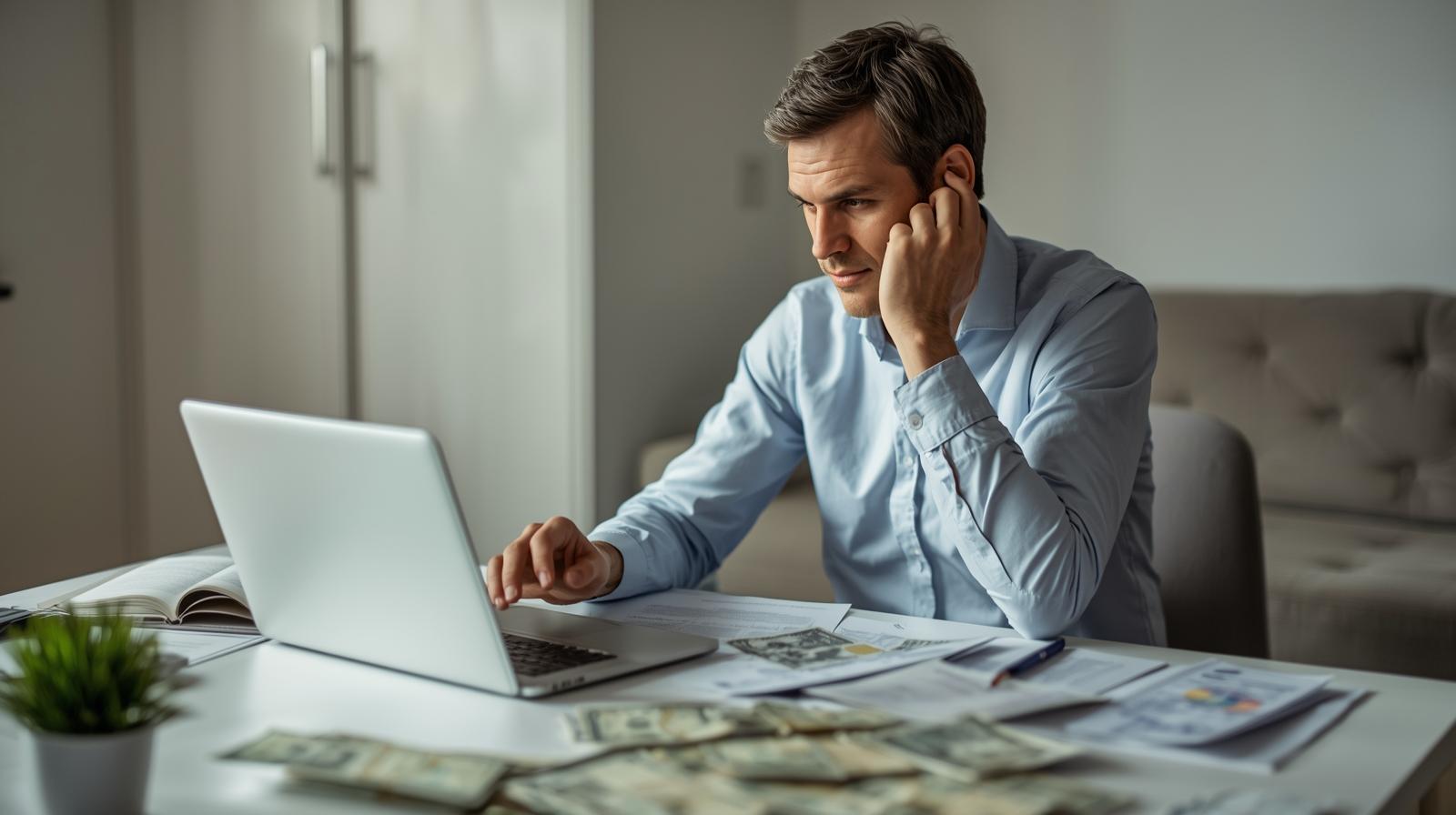 Pessoa reorganizando contas e despesas no notebook, corrigindo erros comuns na organização financeira diária.