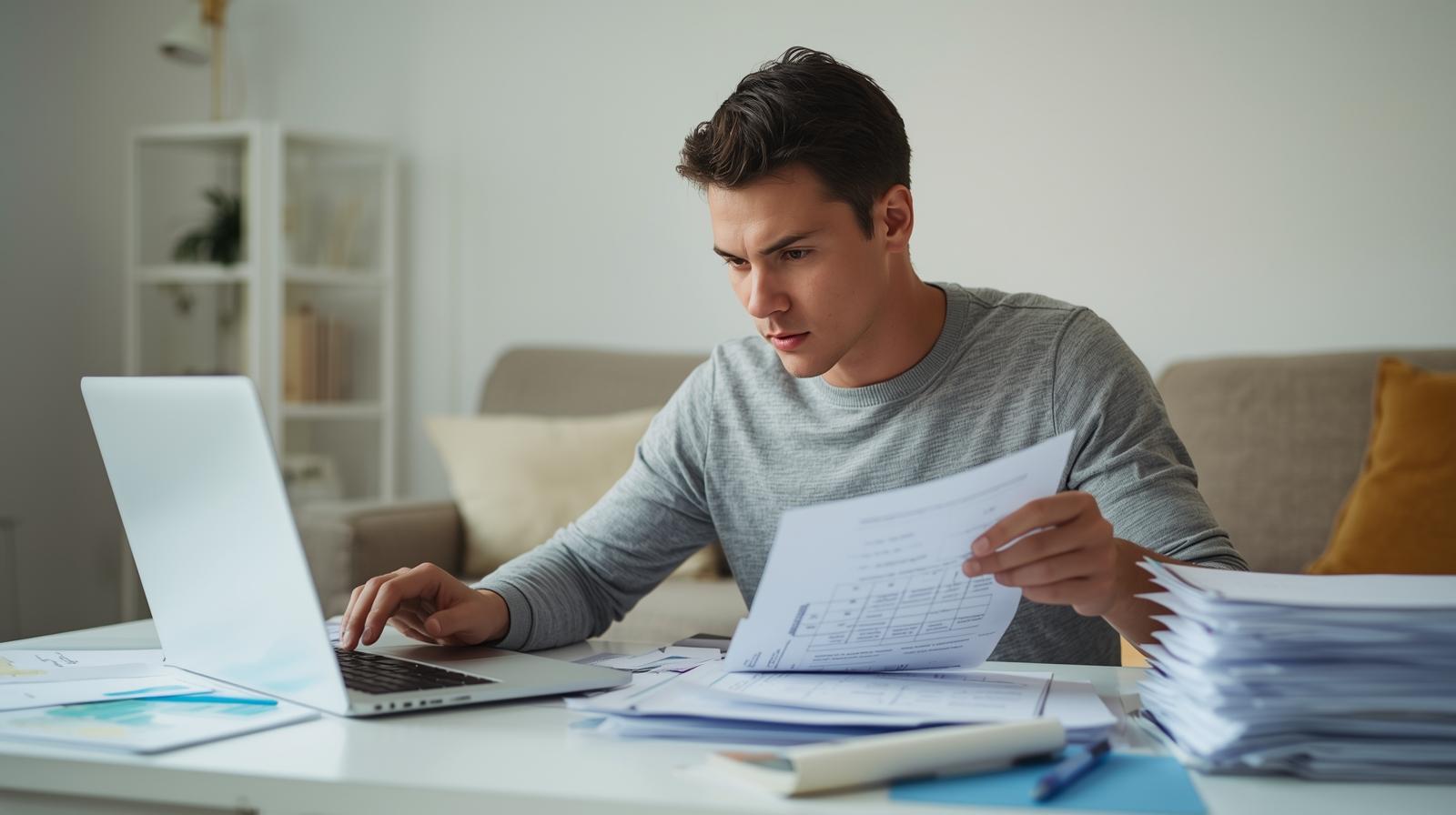 Pessoa revisando dívidas no notebook e organizando contas para sair do vermelho com um plano de pagamento.