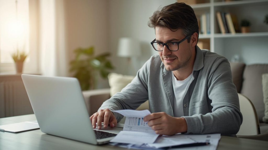 Pessoa organizando dívidas no notebook e separando contas por prioridade para evitar juros desnecessários.